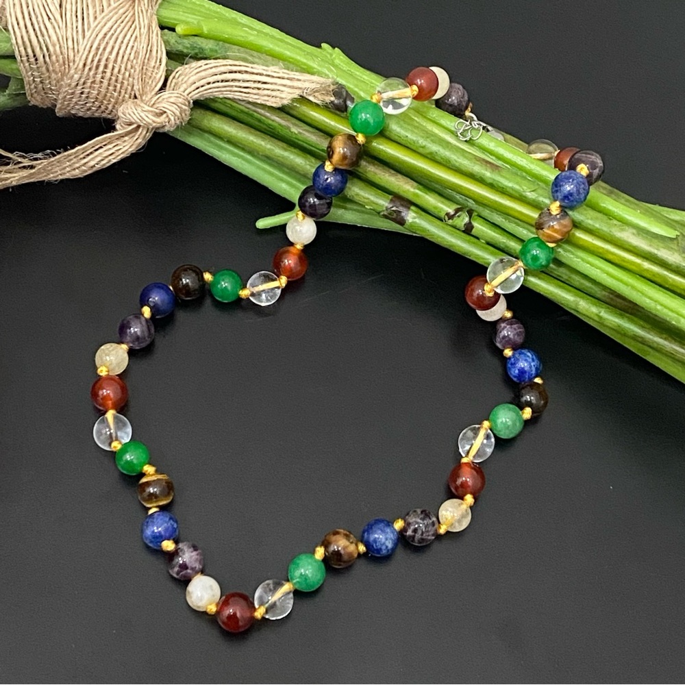 Handmade Multicolored Chakra Mala Beads Knotted Agate Stone Beads 18” Necklace